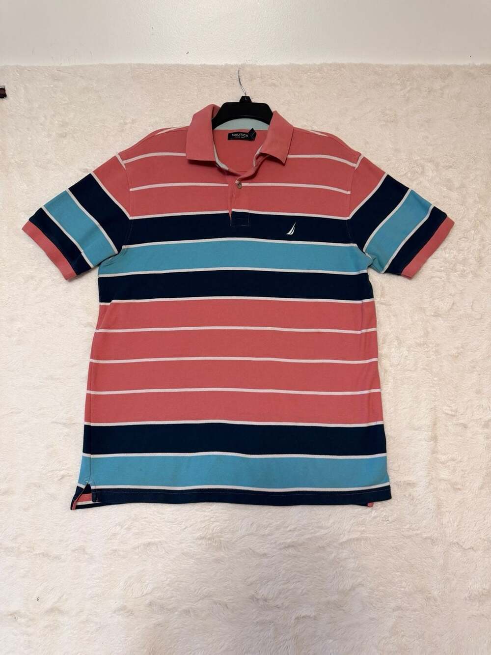 Nautica Men's Large Classic Fit Striped Polo Shirt Coral Pink Navy Sky Blue